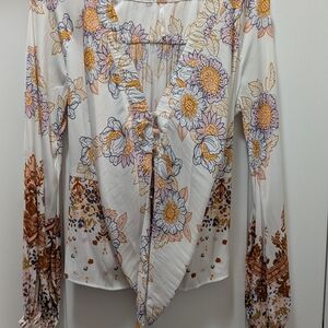 Free People Cream Floral Tie-Front Blouse with Yellow and Purple Accents